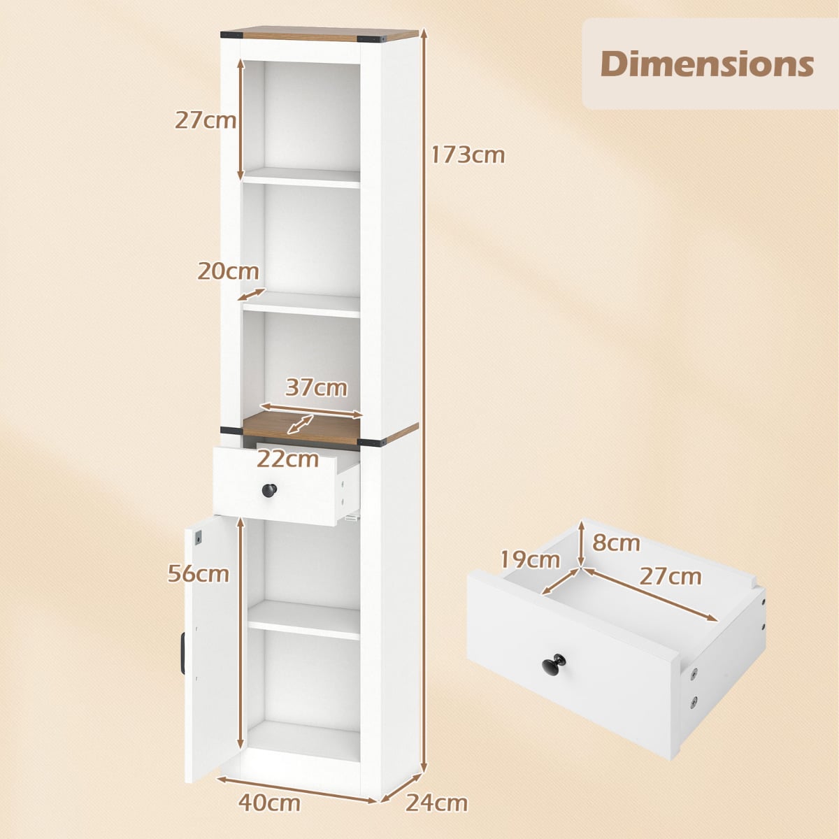 173cm Tall Bathroom Cabinet with Drawer and Adjustable Shelf-White