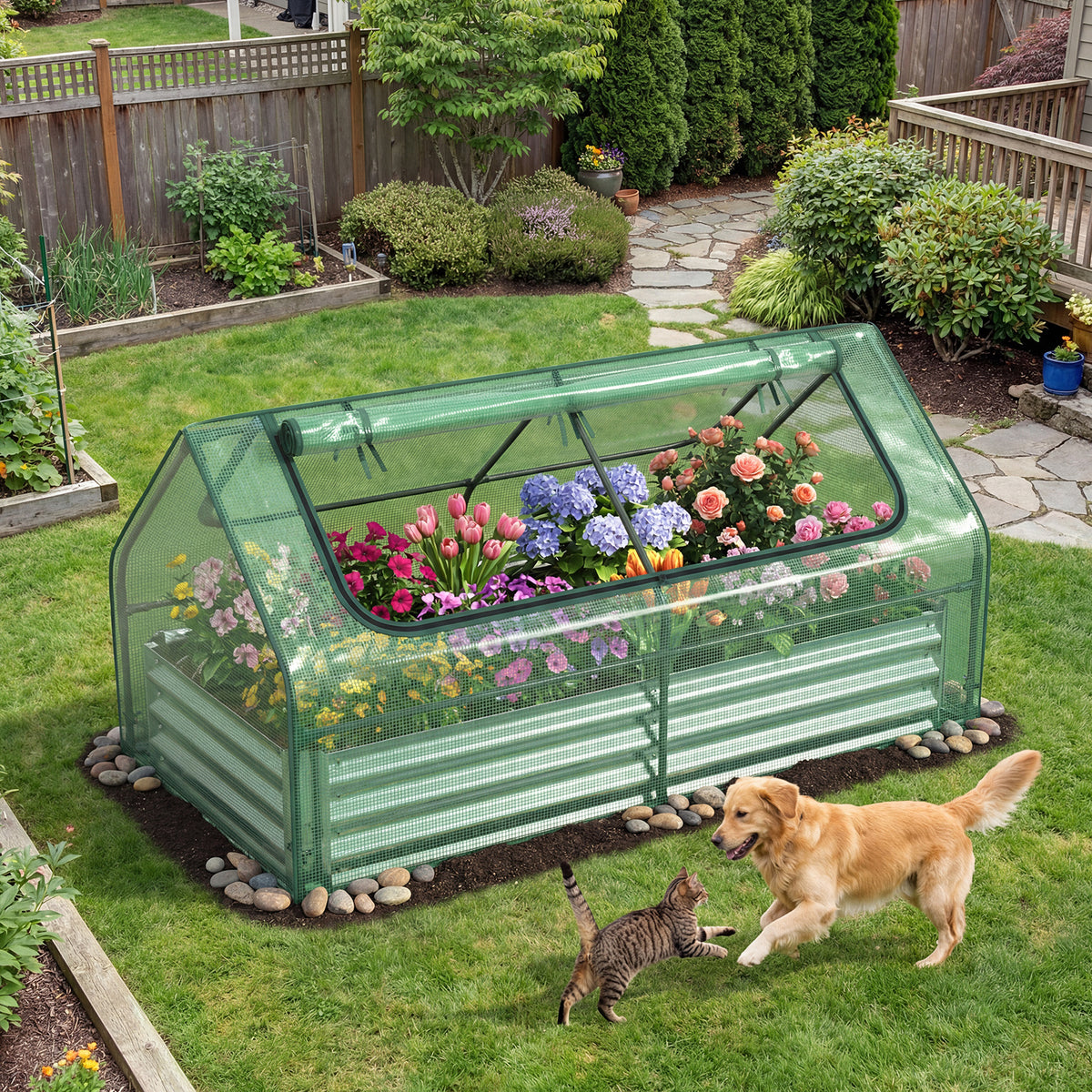 174 x 84 x 30 cm Raised Garden Bed with Cover-Green