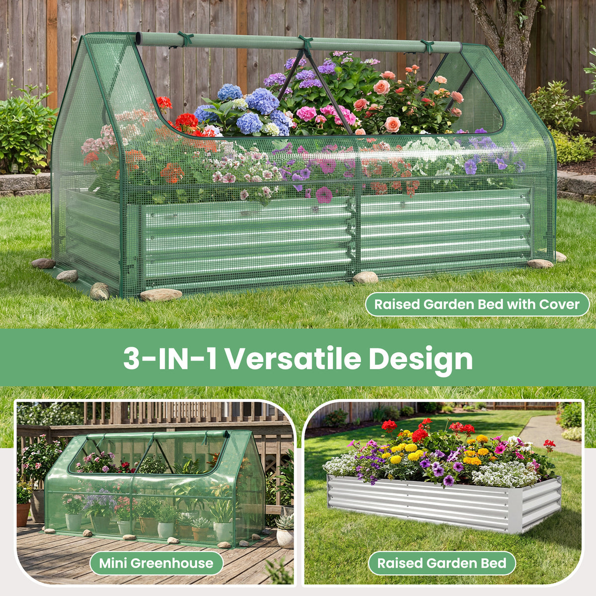 174 x 84 x 30 cm Raised Garden Bed with Cover-Green