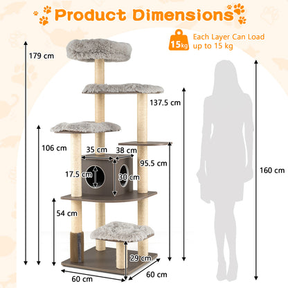 179 cm Tall Wooden Cat Tree with Sisal Scratching Posts-Grey