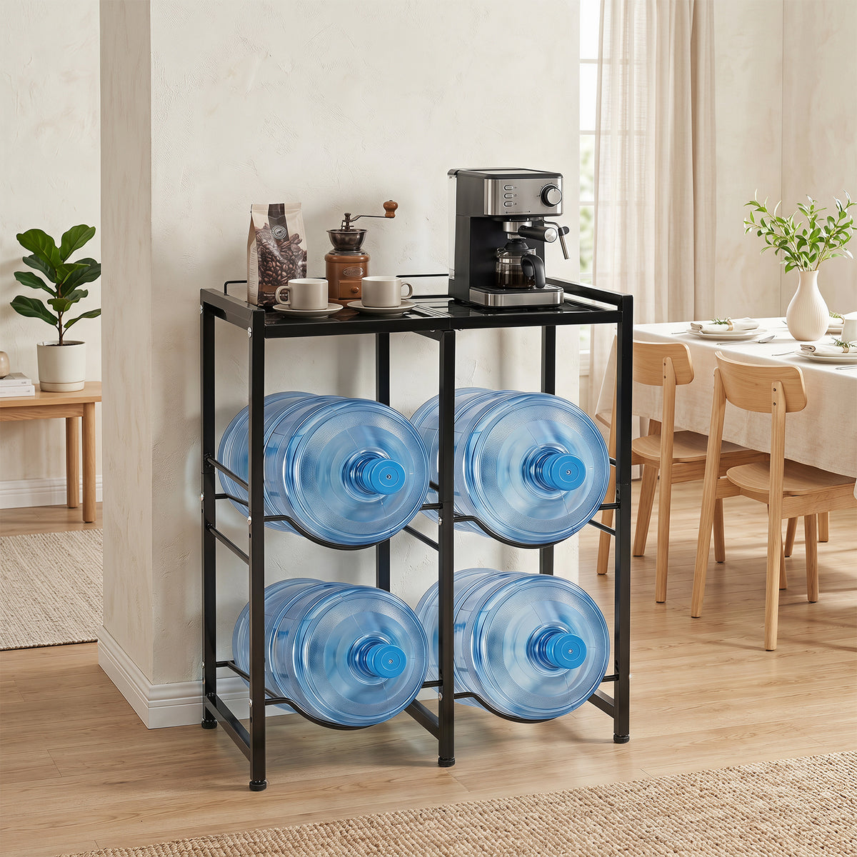 Black metal water jug rack with four 18.9 litre bottles on the bottom two shelves and a coffee machine on top