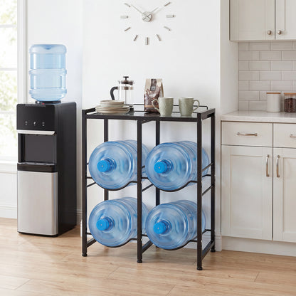 Water jug rack holding four 18.9 litre bottles next to a water cooler in a kitchen setting