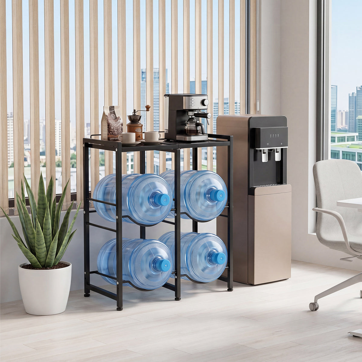 Water jug rack with four 18.9 litre bottles and a coffee machine in a modern office space