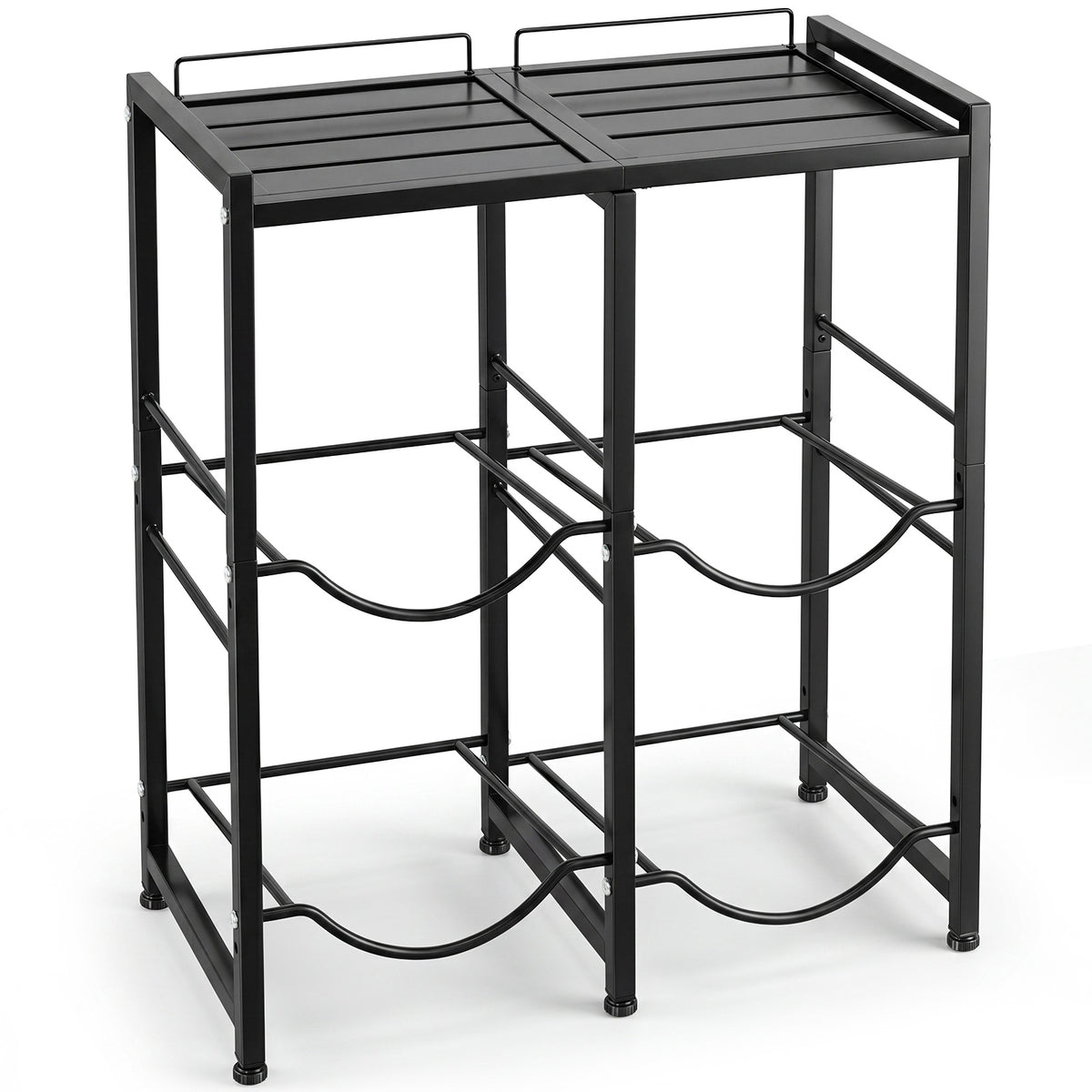 Black metal water jug rack with a top shelf and two tiers for holding four large water bottles