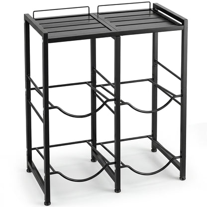 Black metal water jug rack with a top shelf and two tiers for holding four large water bottles