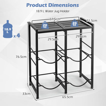 Dimensions diagram of the black metal water jug rack showing height, width and depth