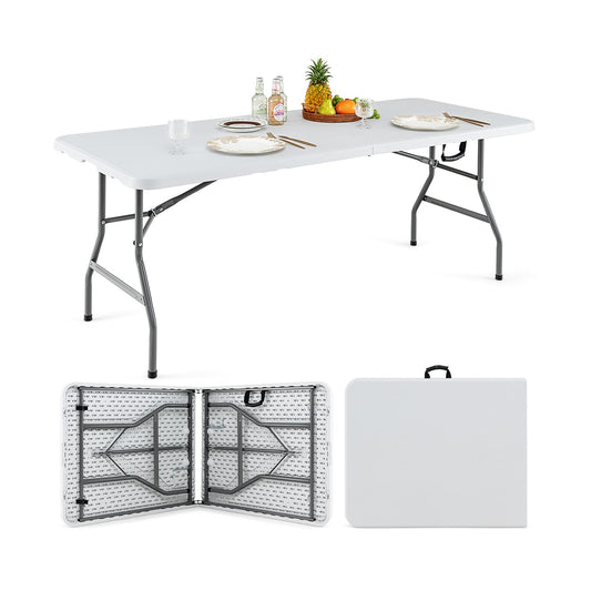 180 CM Folding Plastic Dining Table with handle metal legs and non-slip foot pads, shown assembled and folded