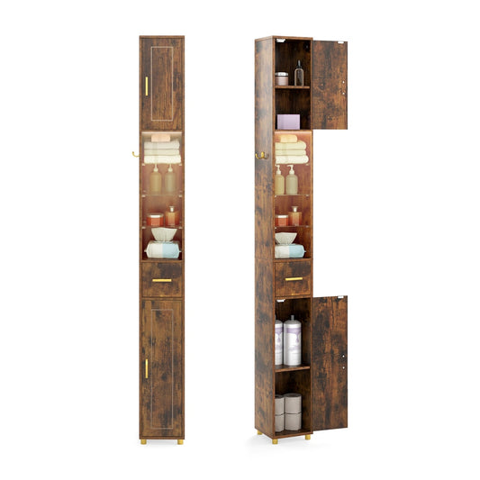 180 cm Tall Bathroom Cabinet Narrow Storage Organizer with 3 Doors and Adjustable Shelves-Rustic Brown