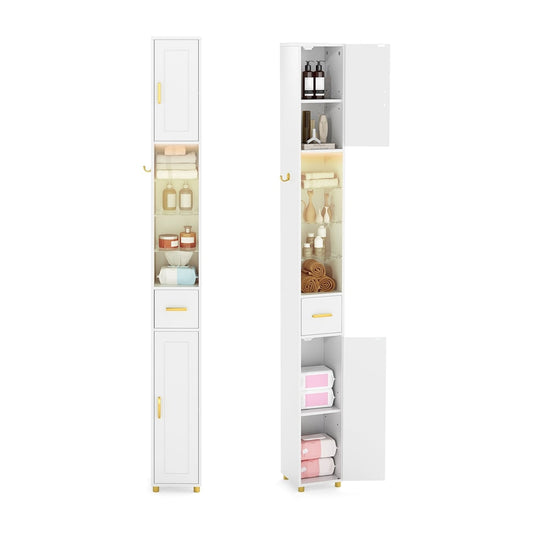 180 cm Tall Bathroom Cabinet Narrow Storage Organizer with 3 Doors and Adjustable Shelves-White