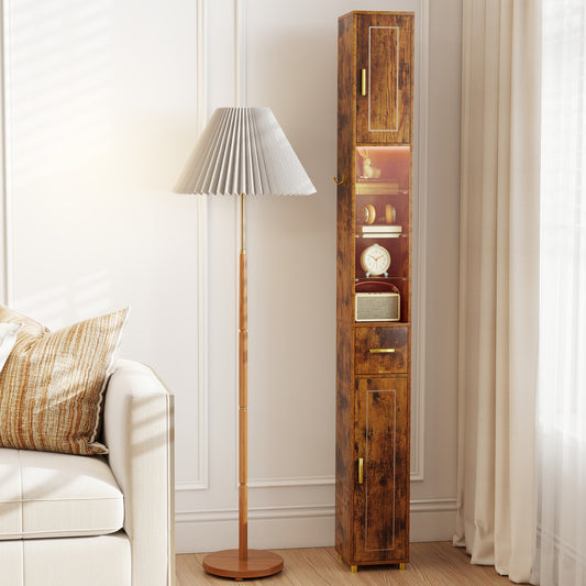 Tall rustic brown bathroom cabinet with doors open showing shelves and a drawer