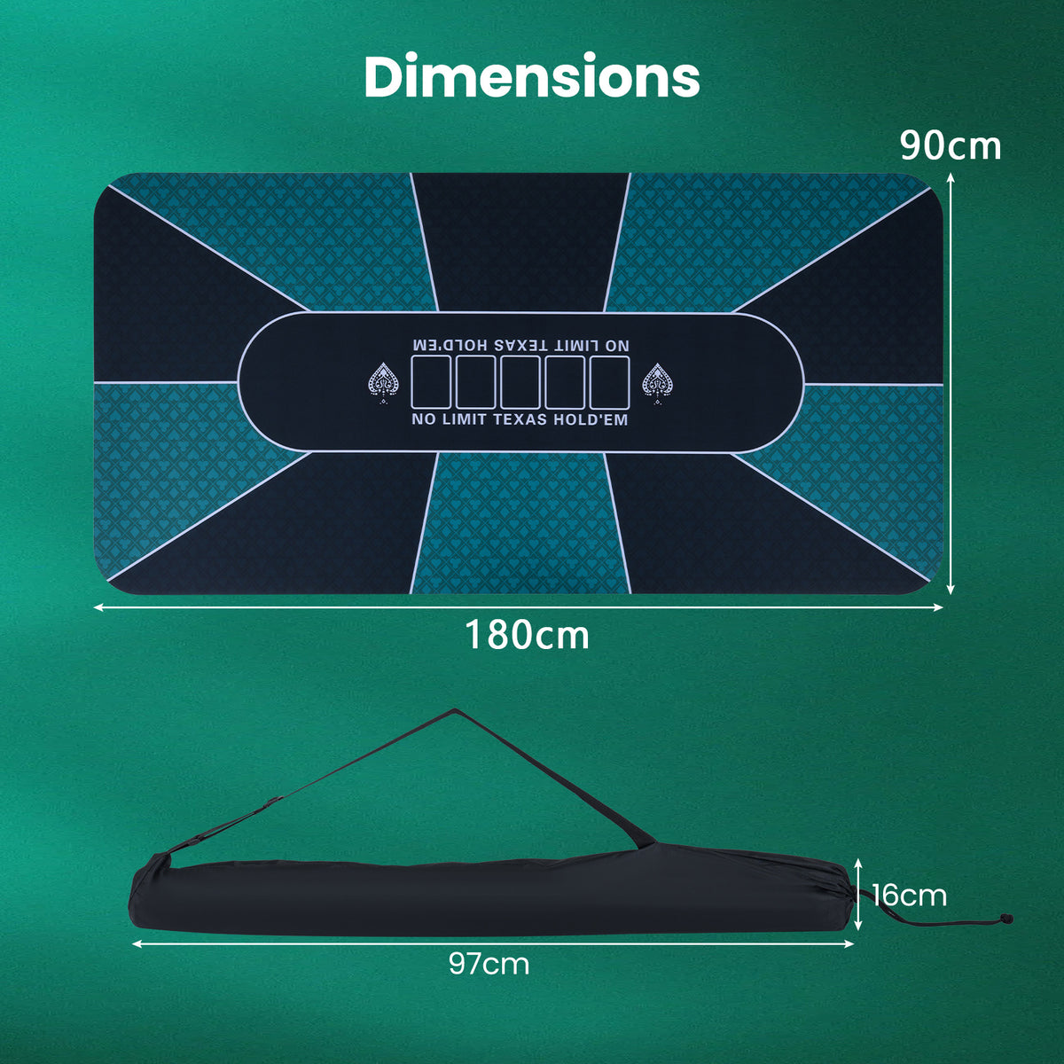 The poker table top and its black carry bag with dimensions shown