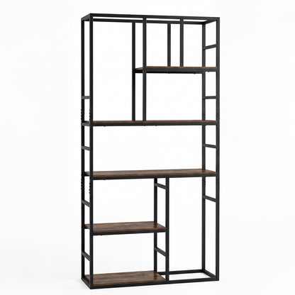 180CM Tall Bookshelf with Open Display Shelf and Metal Frame-Rustic Brown