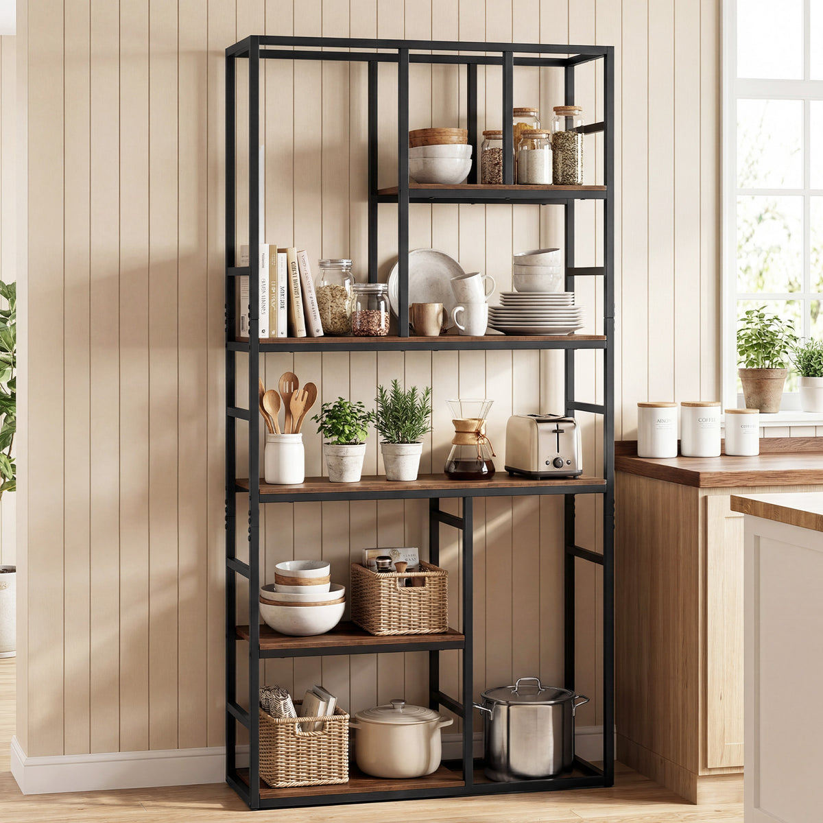 180CM Tall Bookshelf with Open Display Shelf and Metal Frame-Rustic Brown