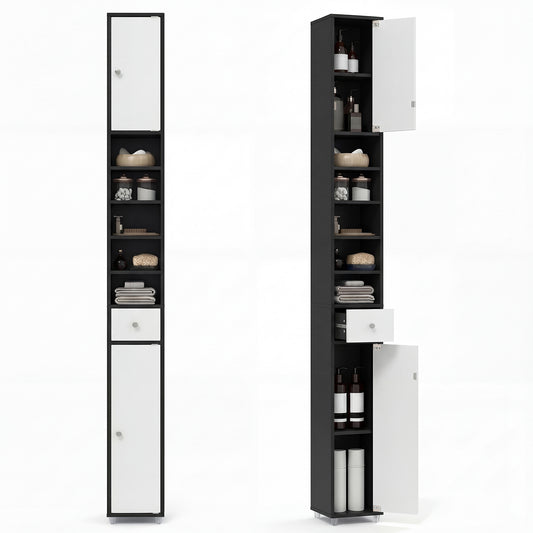 180CM Tall Freestanding Bathroom Cabinet shown closed and with doors and drawer open