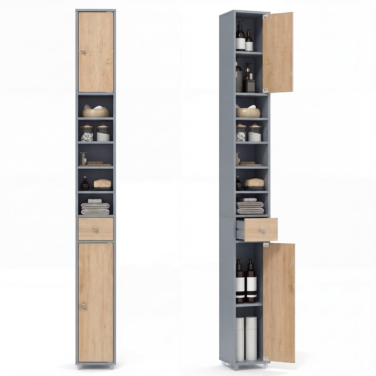 180CM Tall Freestanding Bathroom Cabinet with 2 Doors and 1 Drawer-Oak