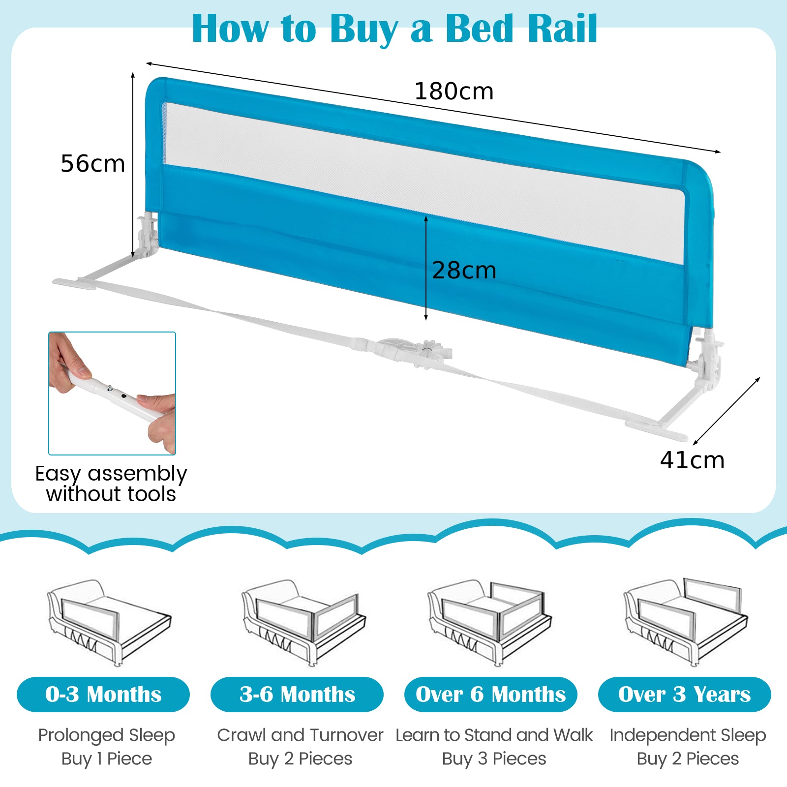 180CM Foldable Baby Bed Rail Guard with Removable Cover and Safety Strap-Blue