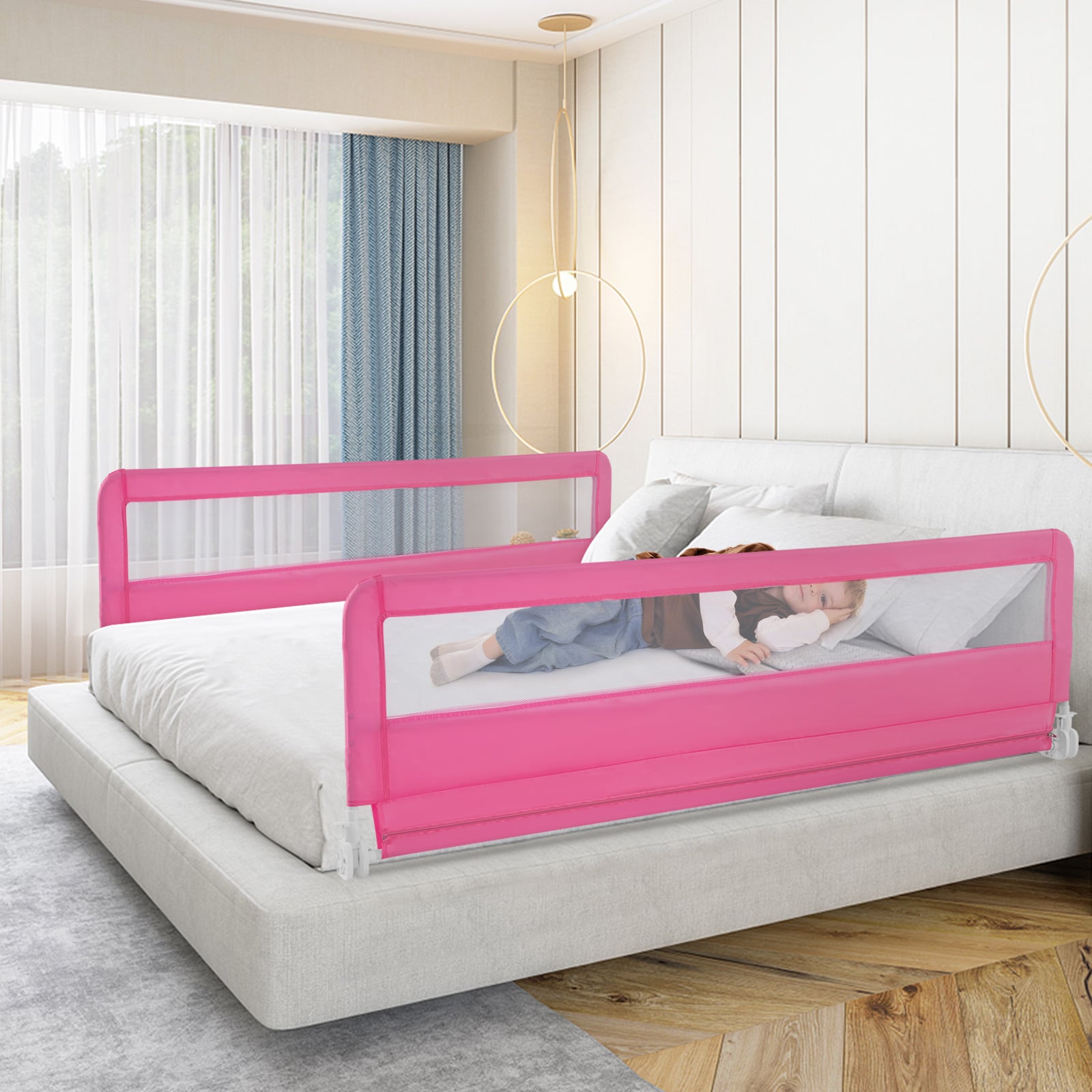 180CM Foldable Baby Bed Rail Guard with Removable Cover and Safety Strap-Pink