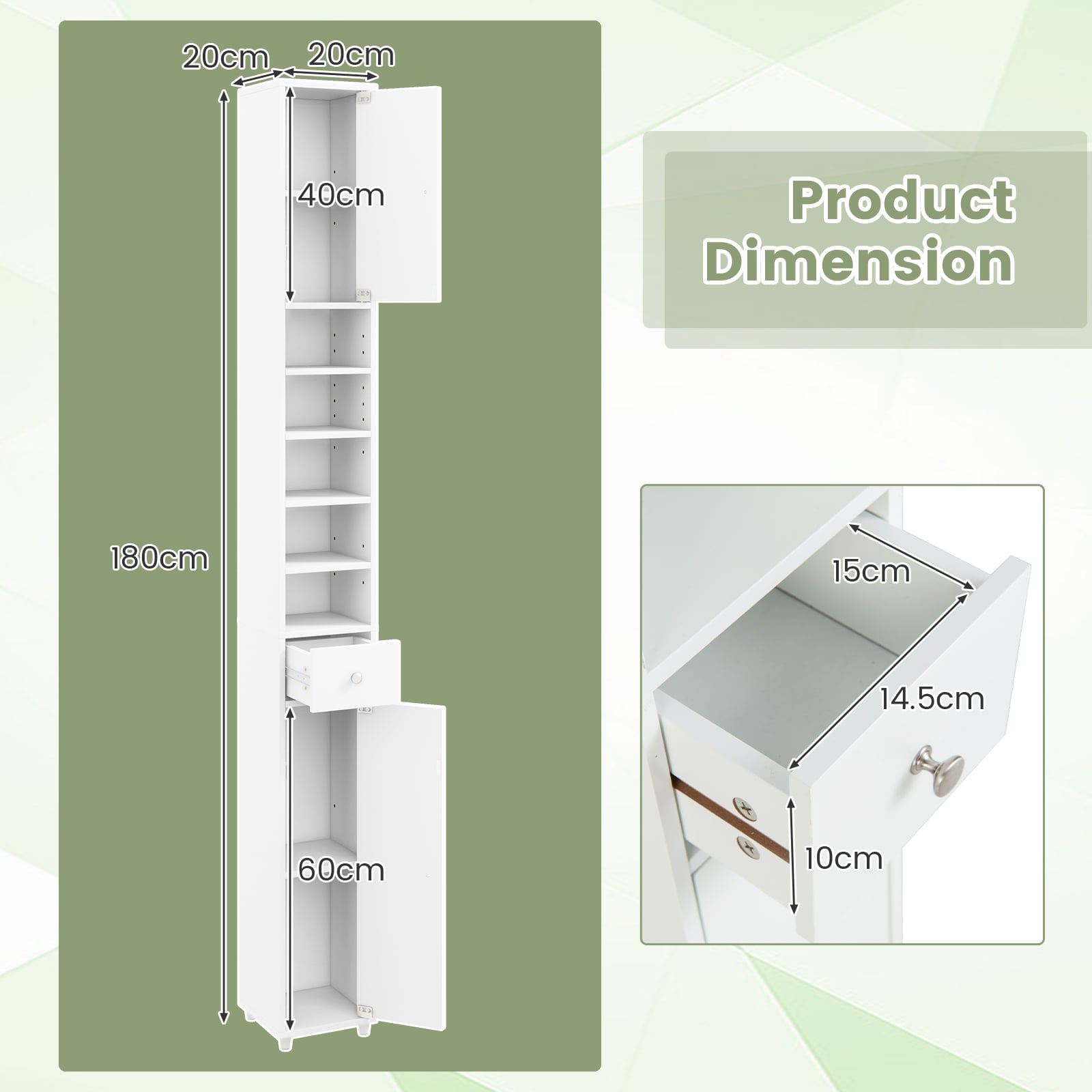 180CM Tall Freestanding Bathroom Cabinet with 2 Doors and 1 Drawer-White
