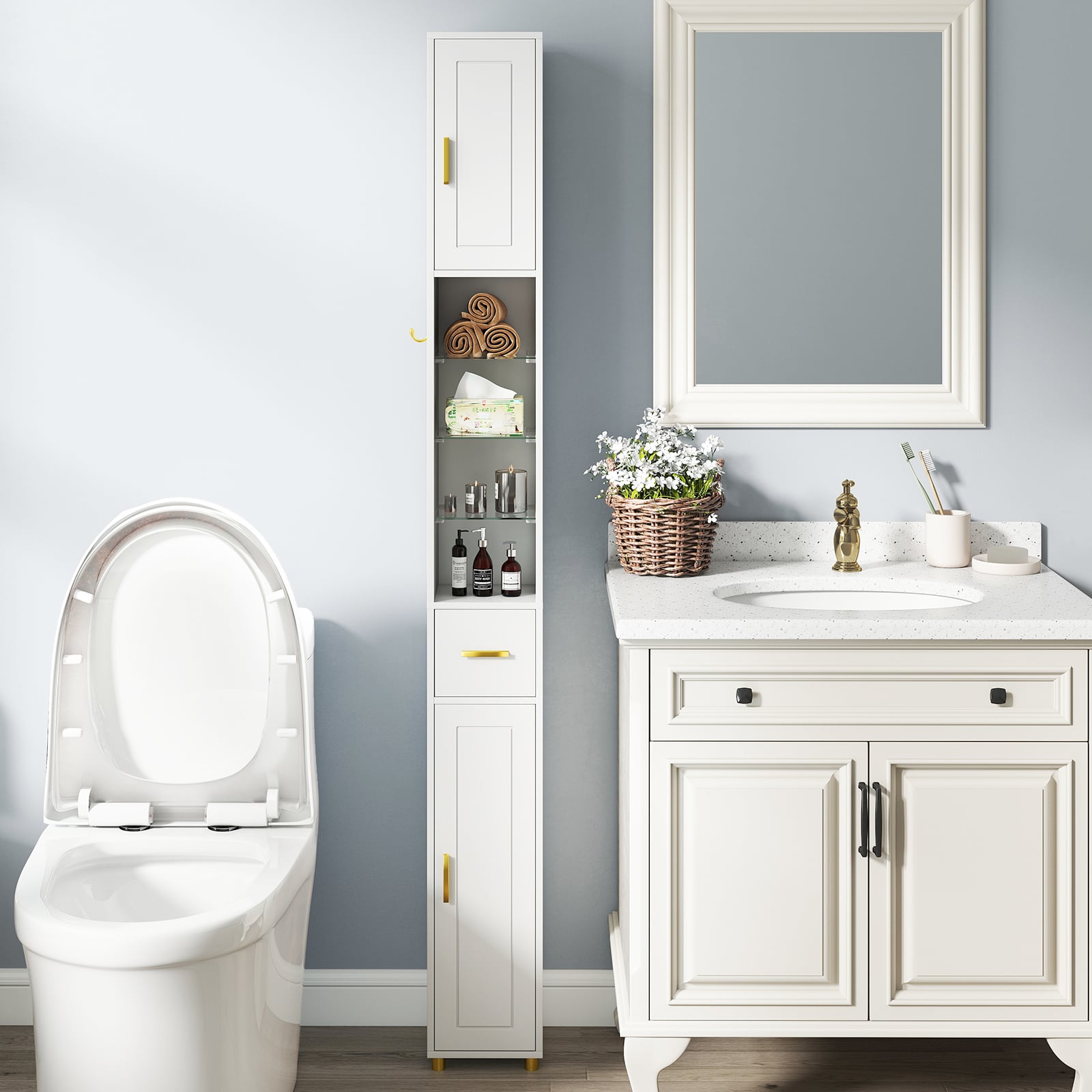 180 cm Tall Bathroom Cabinet Narrow Storage Organizer with 3 Doors and Adjustable Shelves-White