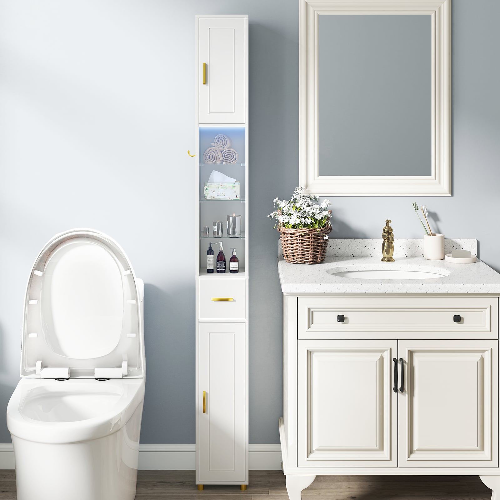 180 cm Tall Bathroom Cabinet Narrow Storage Organizer with 3 Doors and Adjustable Shelves-White