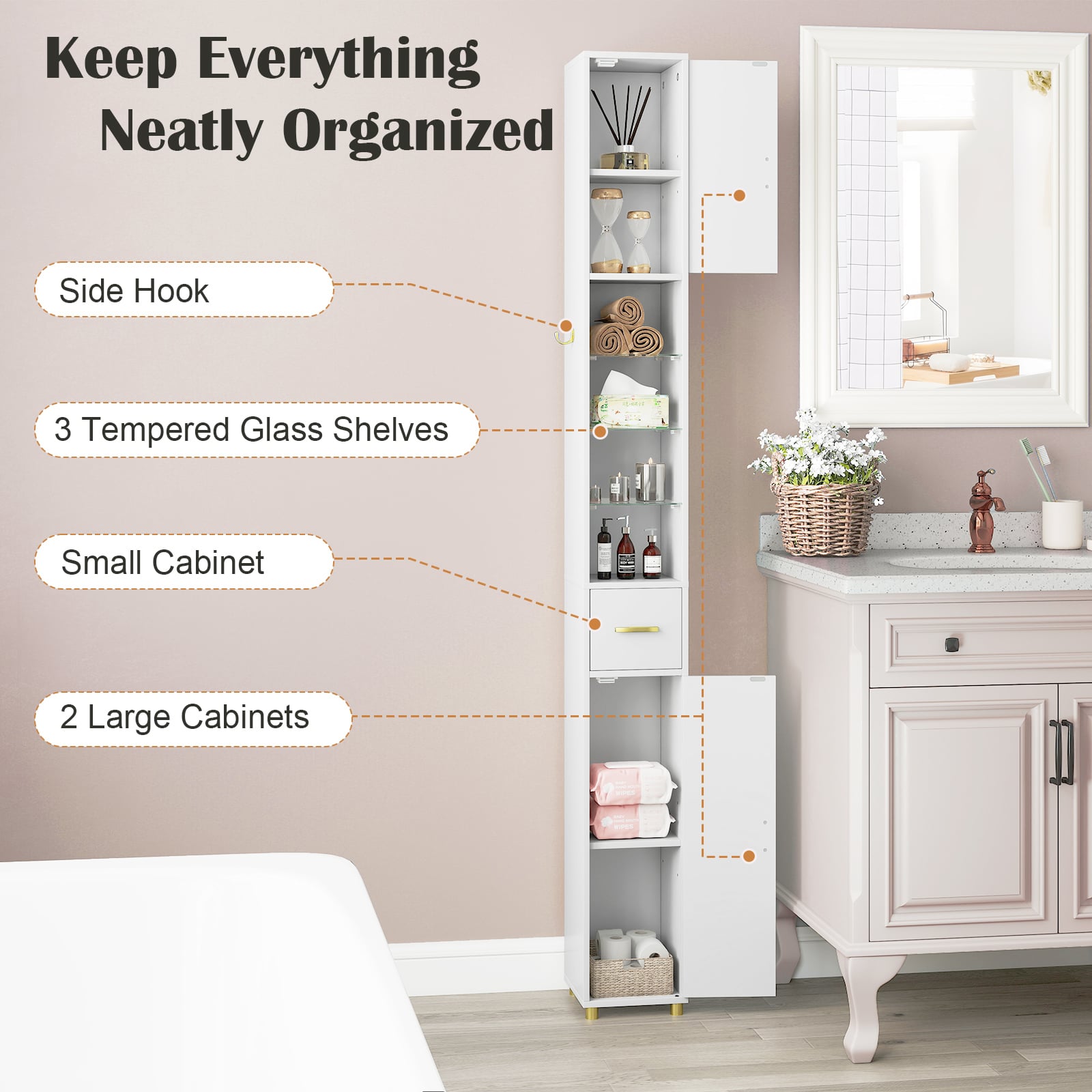 180 cm Tall Bathroom Cabinet Narrow Storage Organizer with 3 Doors and Adjustable Shelves-White