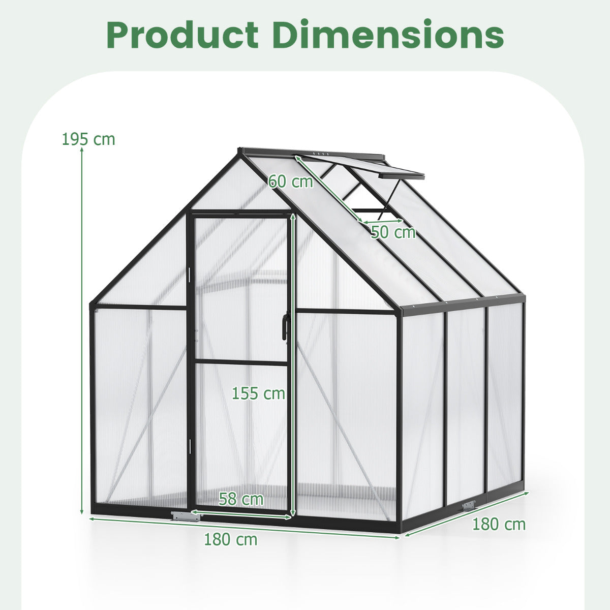 180 x 180CM Large Walk-in Aluminum Greenhouse-Transparent