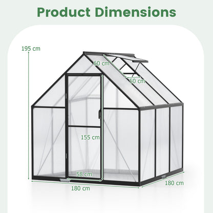 180 x 180CM Large Walk-in Aluminum Greenhouse-Transparent