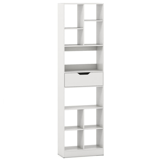 180cm Tall Bookcase with Drawer with 10 Cubesand Anti-tipping Kits for Living Room-White