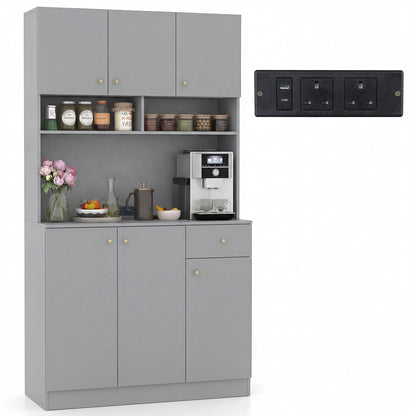180cm Tall Pantry Cabinet with Outlets and Anti-Tipping Kits-Grey
