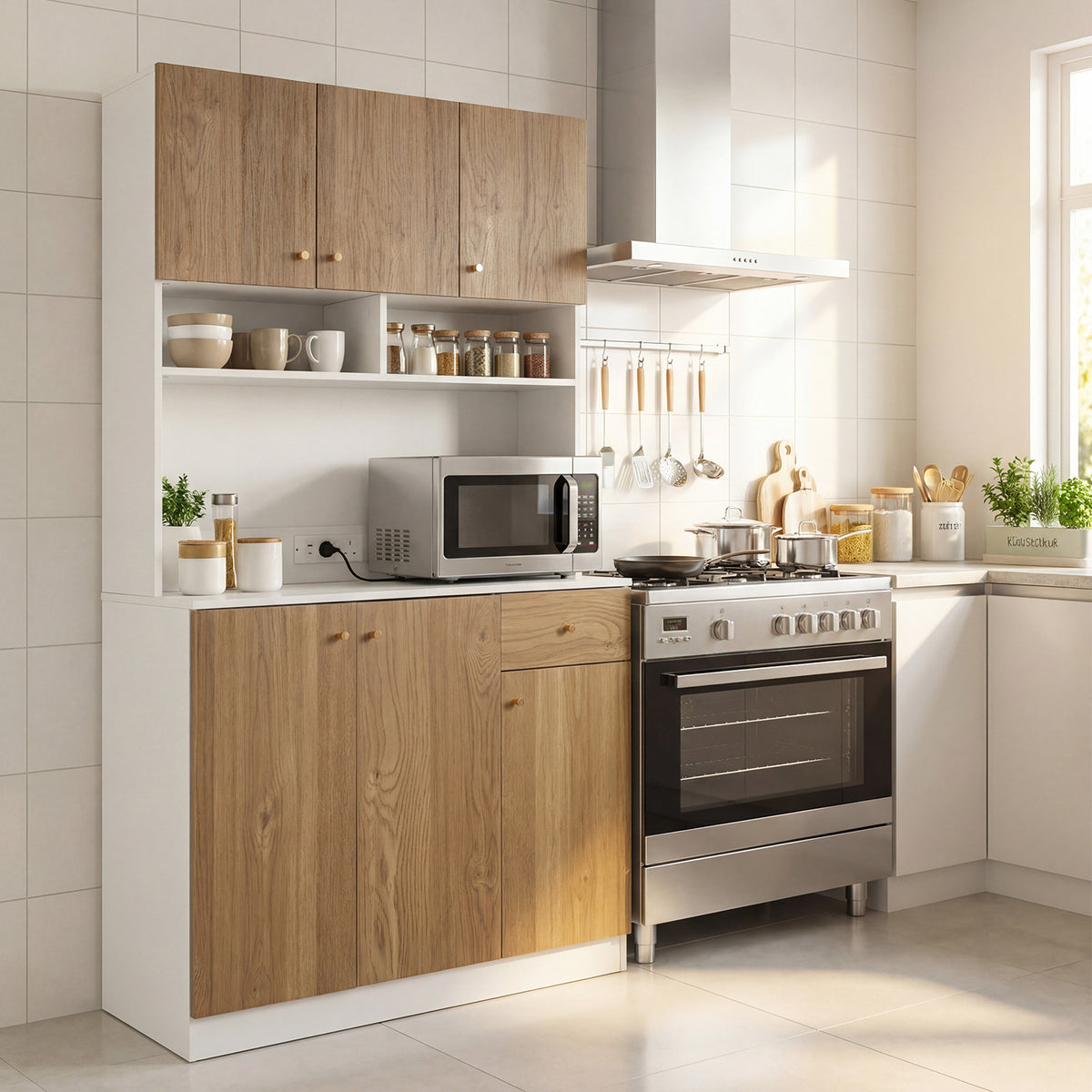 180cm Tall Pantry Cabinet with Outlets and Anti-Tipping Kits-Natural
