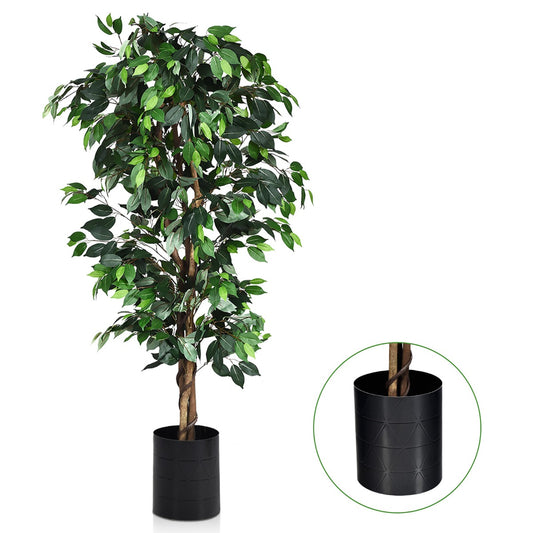 180cm Artificial Tree with Nursery Pot, a tall faux plant with green leaves and a brown trunk in a black pot