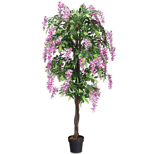 180CM Ficus Artificial Tree for Living Room Office Decor, a tall faux plant with pink flowers and green leaves in a black pot