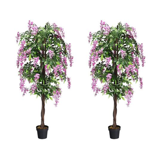 180CM Ficus Artificial Tree set of two with pink flowers and green leaves