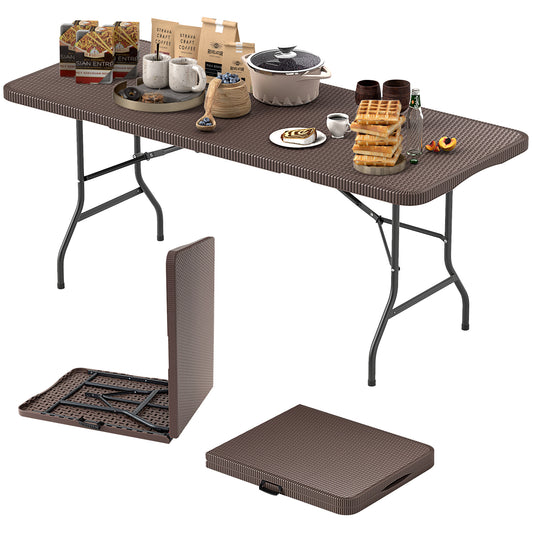 180cm Folding Table with rattan-like HDPE tabletop and safe lock mechanism in coffee colour