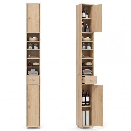 180CM Tall Freestanding Bathroom Cabinet with natural wood finish and multiple shelves