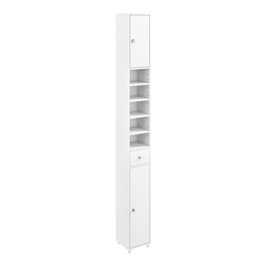 180CM Tall Freestanding Bathroom Cabinet with 2 Doors and 1 Drawer-White, a tall white storage unit with shelves and a drawer