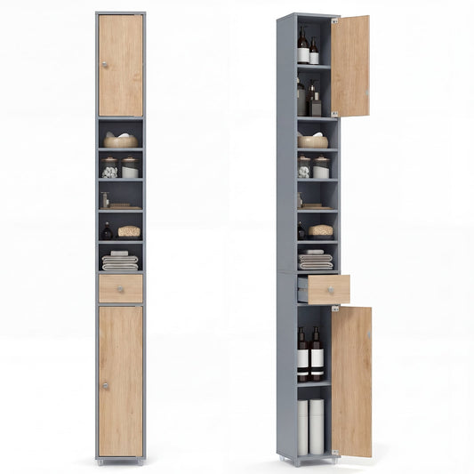 180CM Tall Freestanding Bathroom Cabinet with oak doors and a drawer shown closed and open
