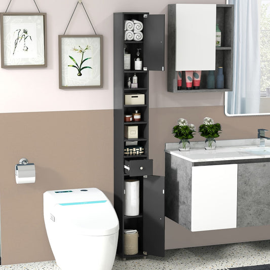 Tall black bathroom cabinet with doors open, showing shelves and a drawer, in a bathroom setting