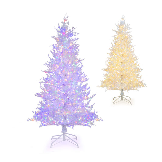 180cm White Hinged Christmas Tree with Snow-Flocked PE Tips with colourful lights on a white background