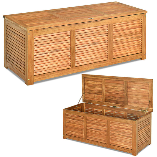 180L Acacia Wood Deck Box shown both closed and with the lid open to reveal the interior