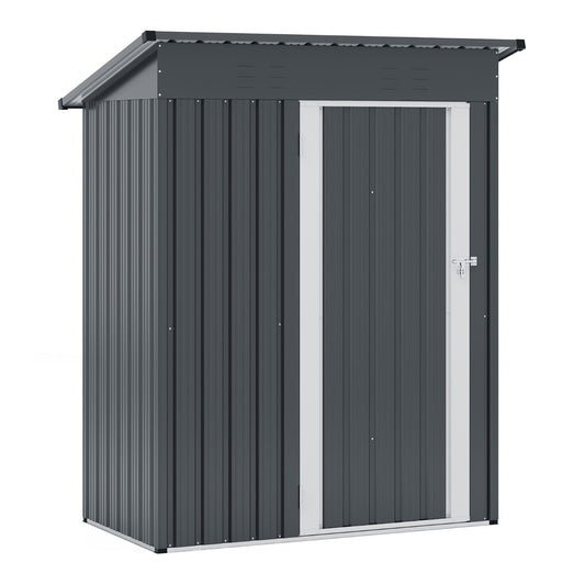 Outdoor Storage Shed in grey with a sloped roof and a lockable door