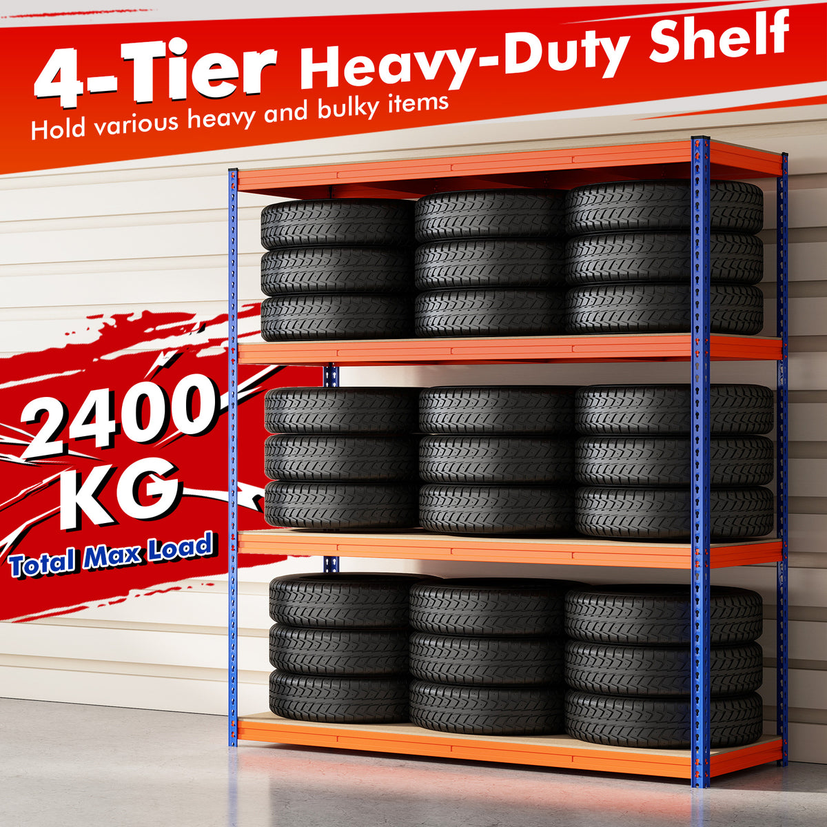 The heavy-duty shelving unit supporting stacks of car tyres