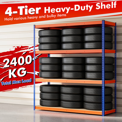 The heavy-duty shelving unit supporting stacks of car tyres
