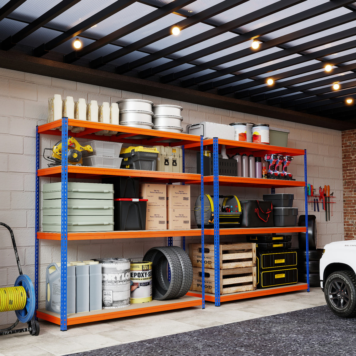 The garage shelving unit loaded with tools, paint cans, and car parts