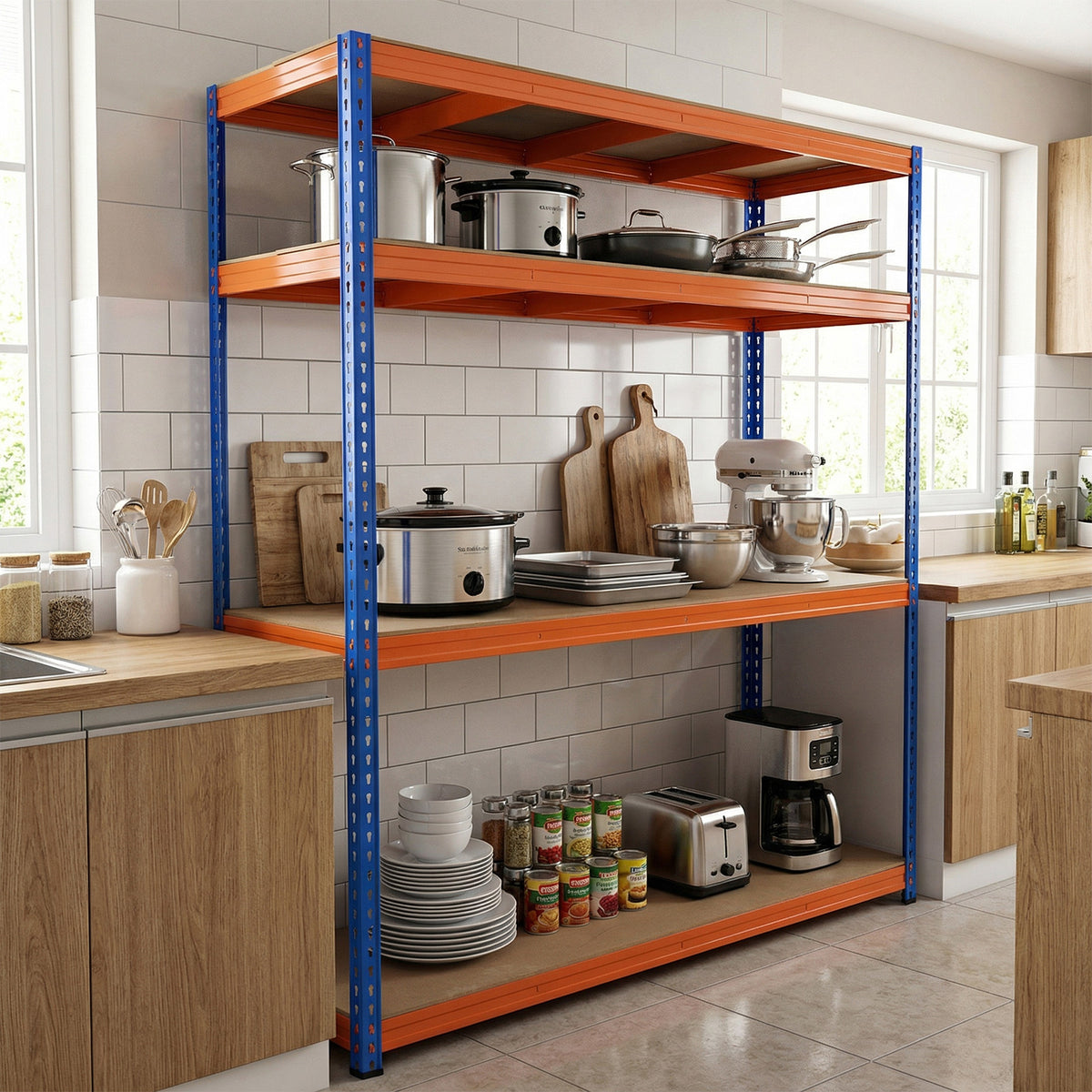 The metal storage shelving unit filled with kitchenware and appliances