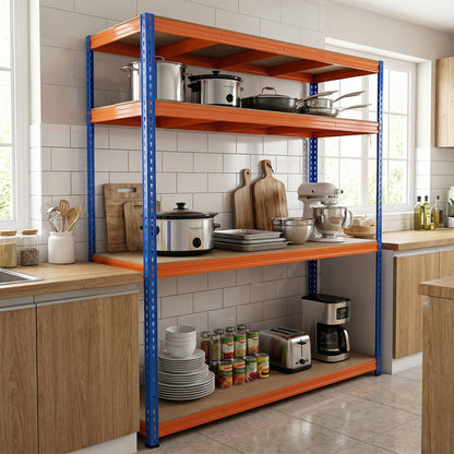 The metal storage shelving unit filled with kitchenware and appliances