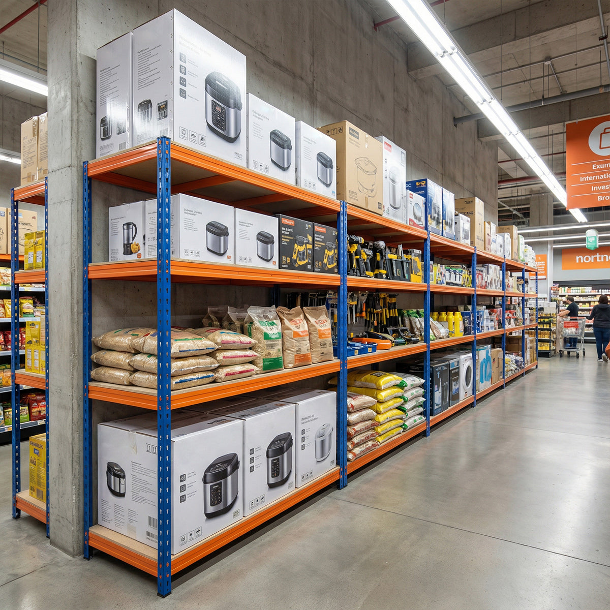 The metal storage shelving unit in a retail setting filled with boxes and goods