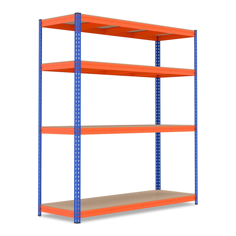 181 x 4-Tier Metal Storage Shelving Unit in orange and blue with four shelves