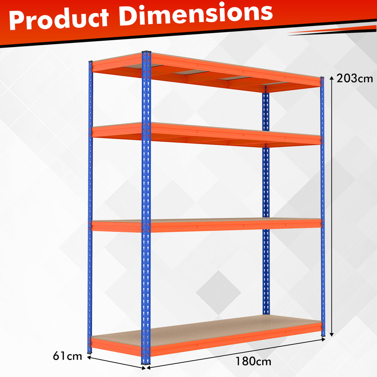A size diagram of the orange and blue metal storage shelving unit