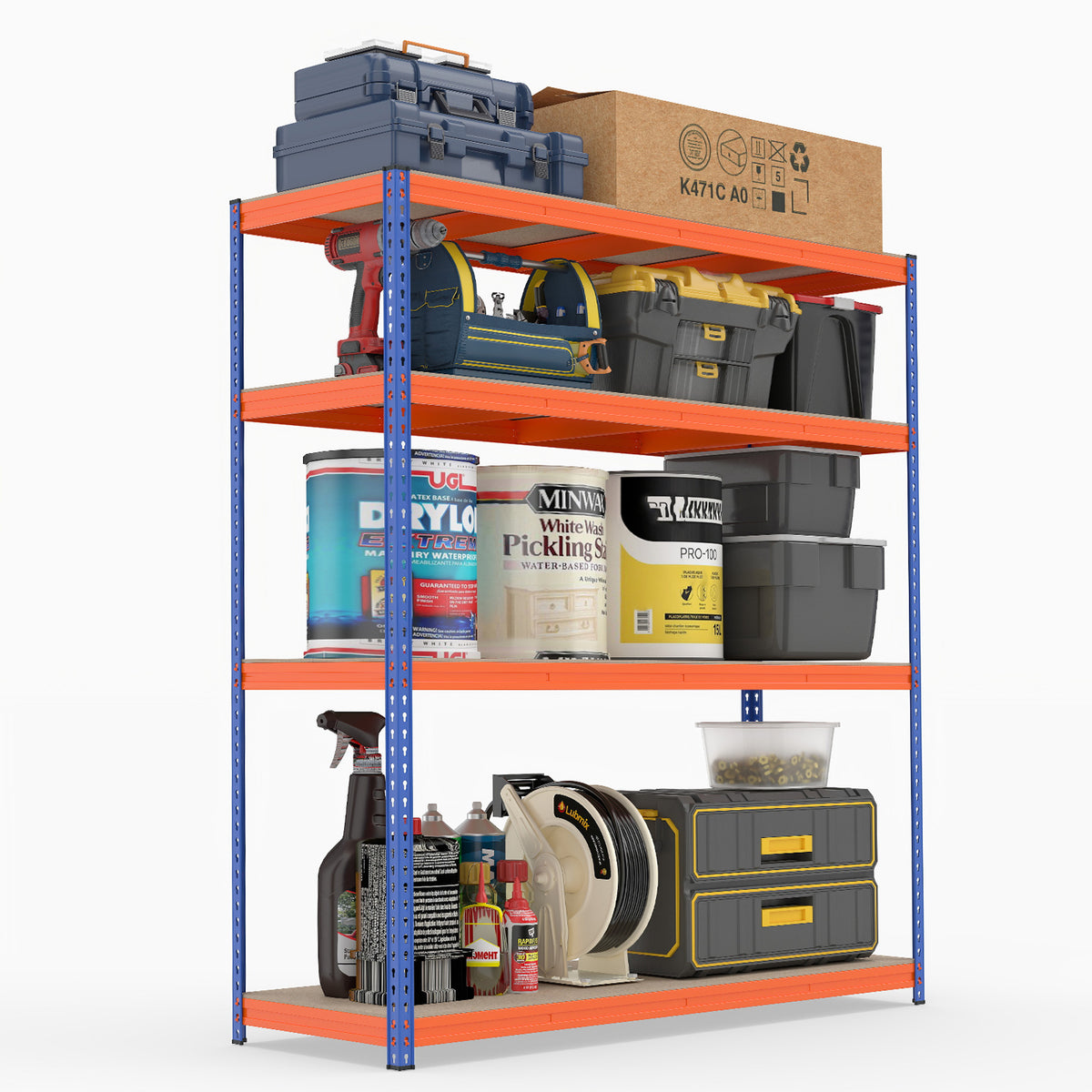 The storage shelving unit holding tools, paint cans, and storage boxes